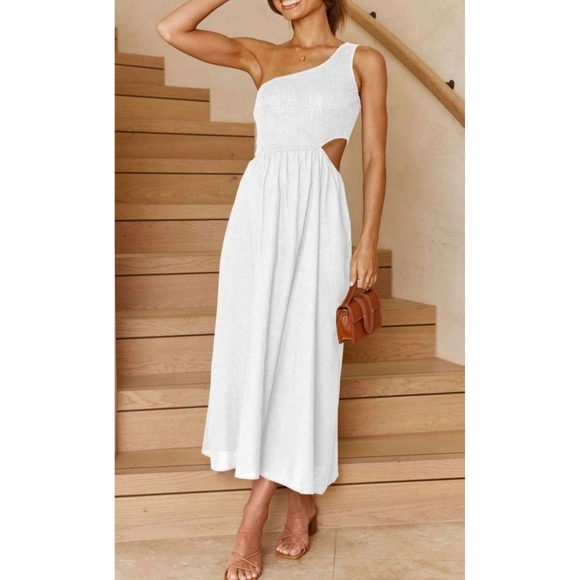 One Shoulder Smocked Cutout Waist Sundress Flowy A-Line Dress White Women Size S - Picture 4 of 17